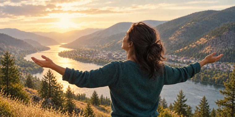 Woman with arms outstretched, looking out over a river valley and mountains at sunset